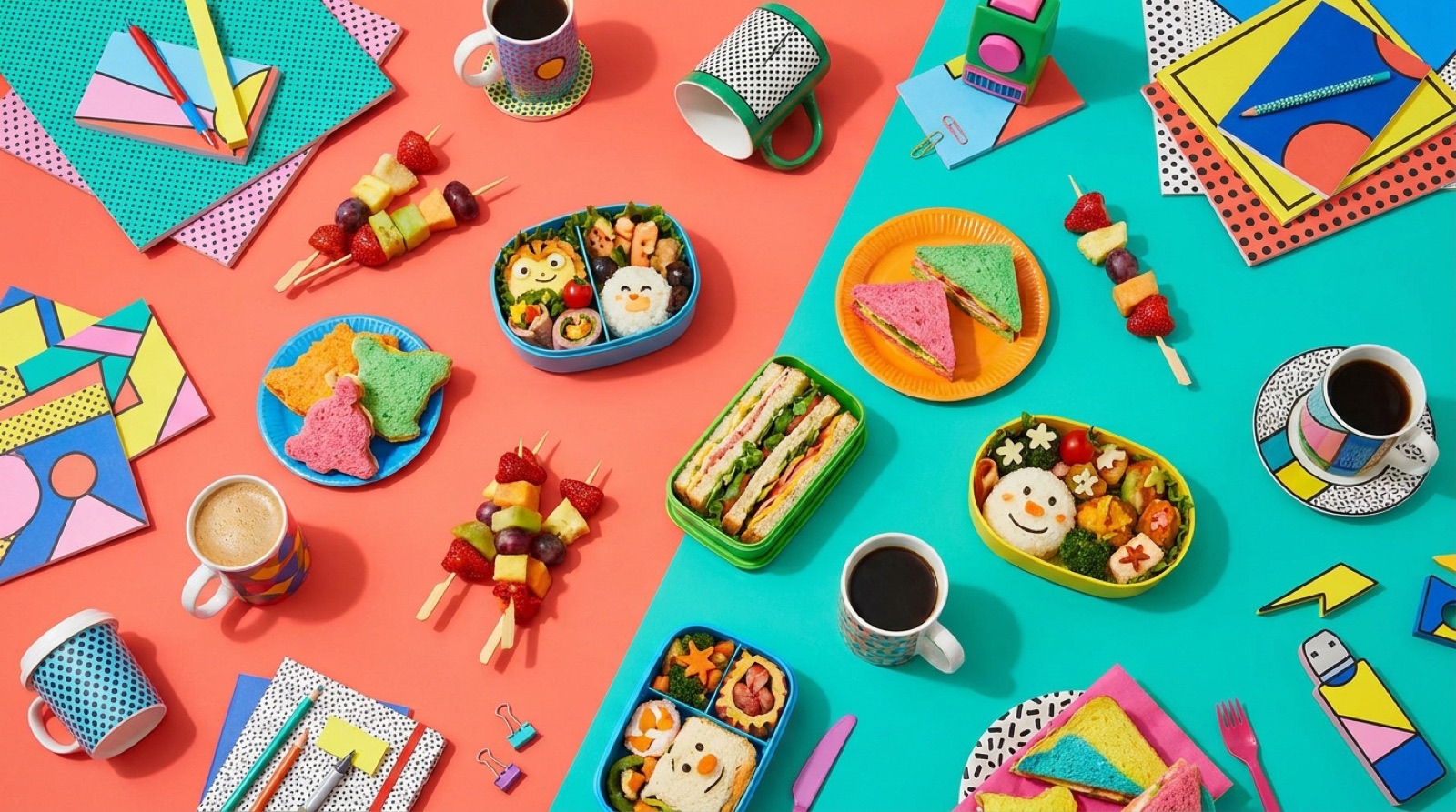 A colorful office lunch spread photographed from above